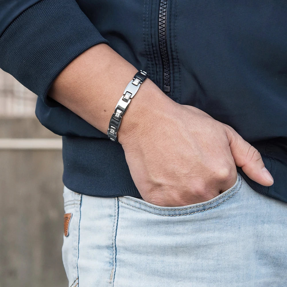 Men's Bracelet Pulsera para hombres Anti-scratch Tungsten Bracelet Cubic Zircone Health Energy Jewelry Couple Lovers Hematite Chain Tungsten Bracelet for Men Women