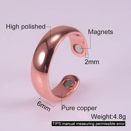 Anillo para Hombres o Mujeres Ring for Men or Women Pure Copper Rings Magnetic 6mm Adjustable Open Cuff Finger Rings