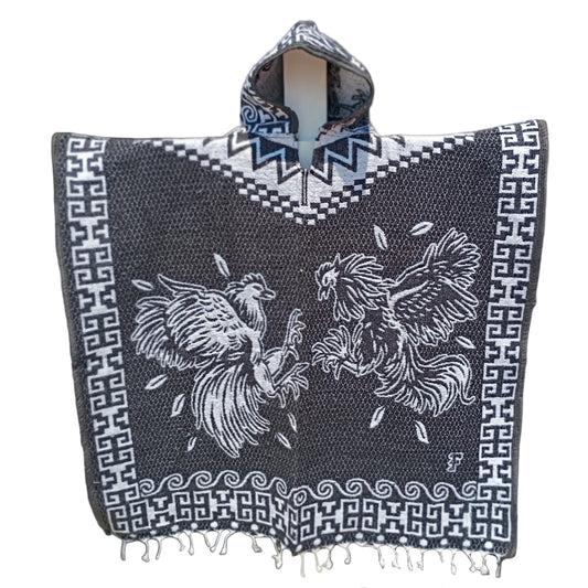Jorongo Mexicano TM-LMGA006 Gaban con capucha Gallos Roosters Design Hooded Mexican Poncho Front View