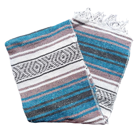 Mexican Serape Yoga Mat Picnic Blanket Zarape Mexicano TM-Falsa-28 Teal Blue
