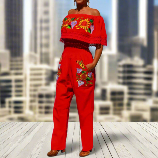 Palazzo Bordado Mexicano TM-79002-G Red Mexican Embroidered Jumper