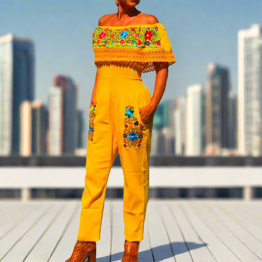 Palazzo Bordado Mexicano TM-79003-F Yellow Mexican Embroidered Jumper