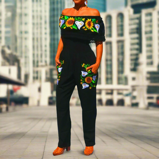 Palazzo Bordado Mexicano TM-79004-G Black Mexican Embroidered Jumper