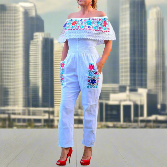 Palazzo Bordado Mexicano TM-79005-F White Mexican Embroidered Jumper