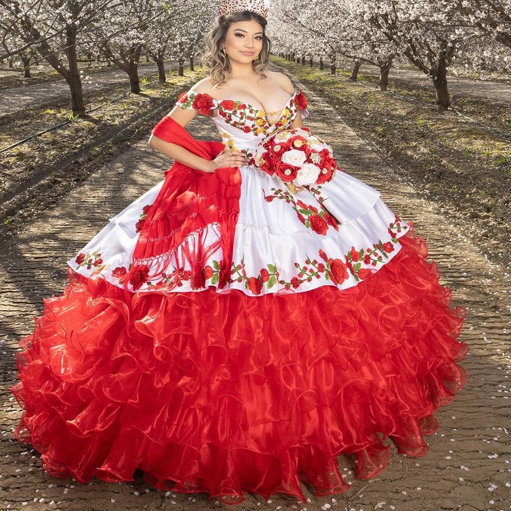 Quinceanera Dress Mexican Charro With Flower Embroidery Off The Shoulder Corset  Sweet 15 Years Dress Ball Gown Prom