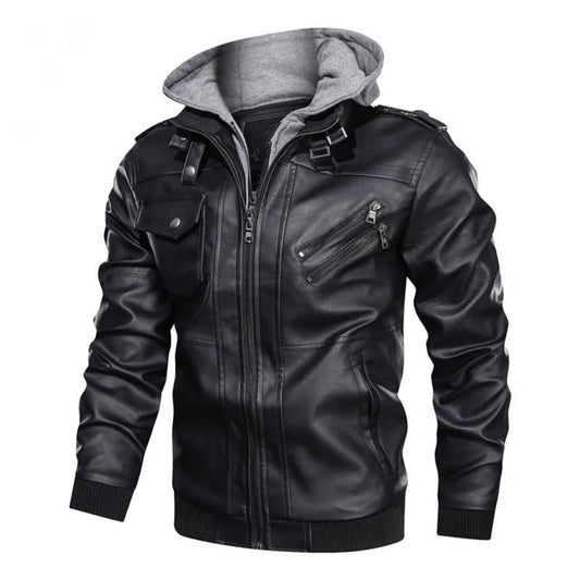 Chamarra para hombres Men's Fall Winter Jacket PU Leather Jackets Stand-up Collar Motorcycle Biker Clothing Casual Detachable Hooded Coats