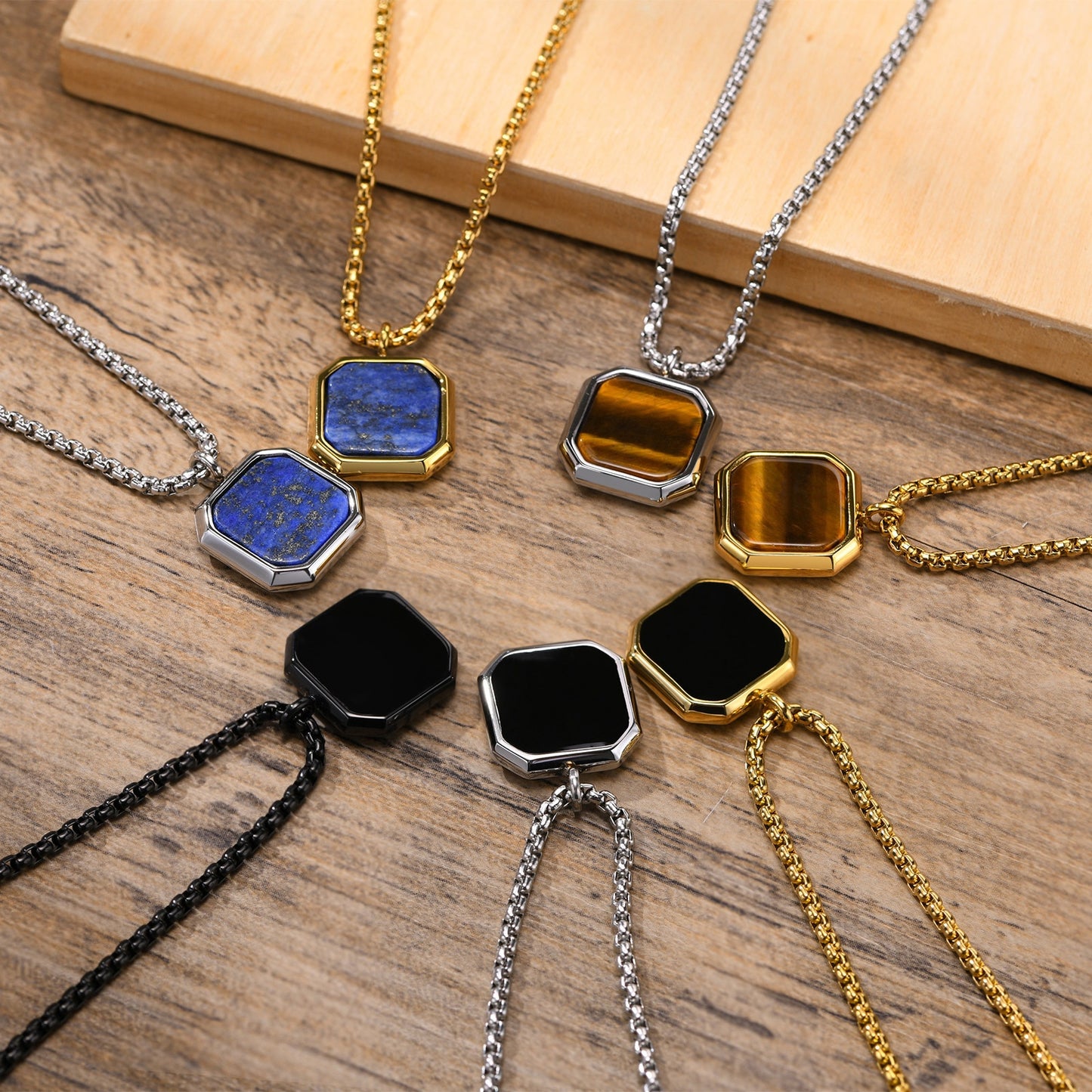 Pendiente y Collar para Hombre o Mujer Square Natural Stone Necklaces for Men, Stylish Punk Stainless Steel Geometric Polygon Pendant Boy Male Gift Jewelry