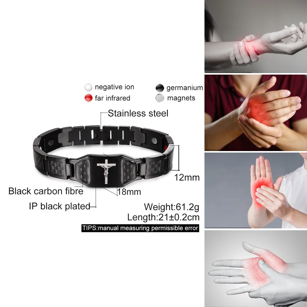Men's Bracelet Pulsera para hombres Jesus Magnetic Bracelet Homme Carbon Fibre Stainless Steel 21CM Health Energy Magnet Jewelry