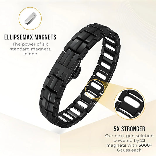 Black metal men's Bracelet with EllipseMax magnets on a light background by Nantlis