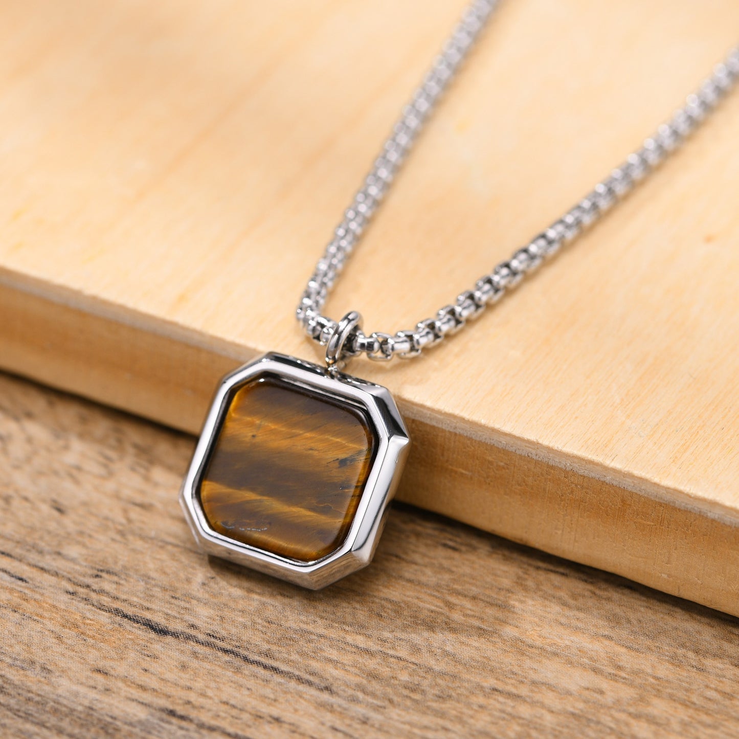 Pendiente y Collar para Hombre o Mujer Square Natural Stone Necklaces for Men, Stylish Punk Stainless Steel Geometric Polygon Pendant Boy Male Gift Jewelry