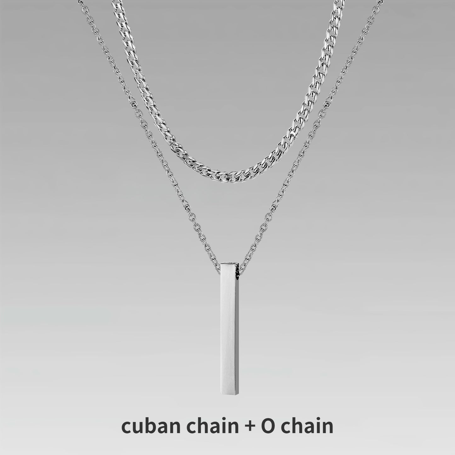 Pendiente y Collar para Hombre 3D Vertical Bar Necklaces for Men silver color cuban chain