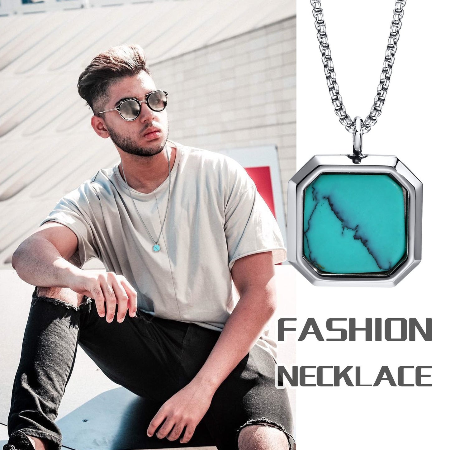 Pendiente y Collar para Hombre o Mujer Square Natural Stone Necklaces for Men, Stylish Punk Stainless Steel Geometric Polygon Pendant Boy Male Gift Jewelry