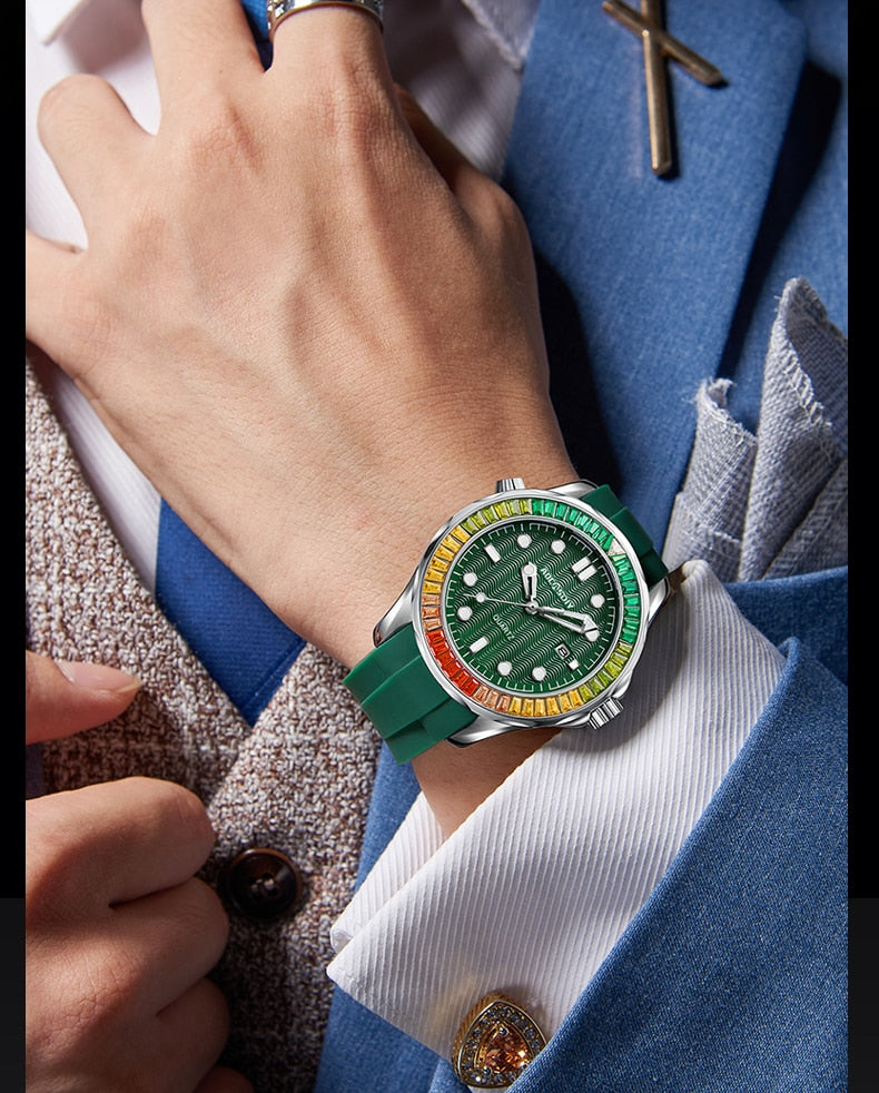 Reloj para Hombre Men Watches Fashion Green Quartz Watch Business Automatic Date Dive Clock Relogio Masculino
