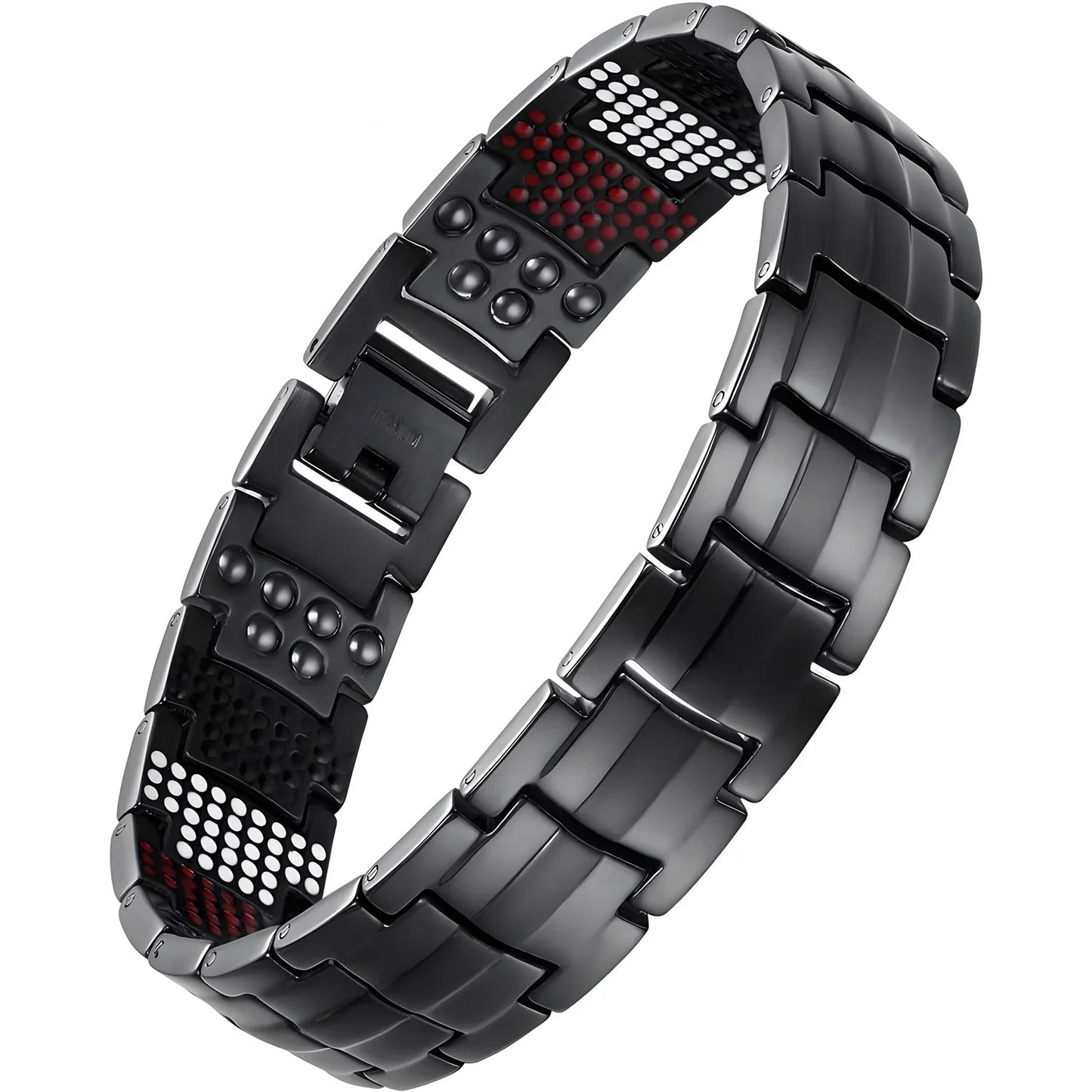 Black metal magnetic therapy bracelet on a white background