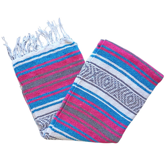 TM-Falsa-45 Blue-Fuchsia Zarape Mexicano Mexican Serape Yoga Mat Picnic Blanket
