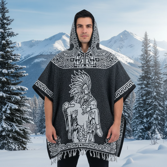 Jorongo Mexicano TM-LMGA011 Gaban con capucha Romance Azteca y Guerrero Azteca Design Hooded Mexican Poncho