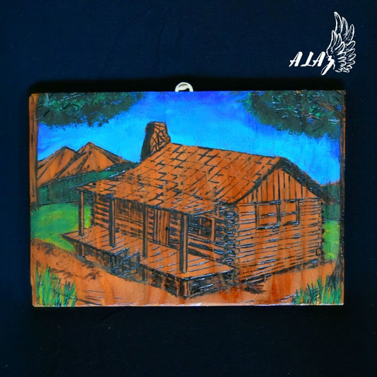 The cabin at dawn Acrylic painting and Pyrography artwork