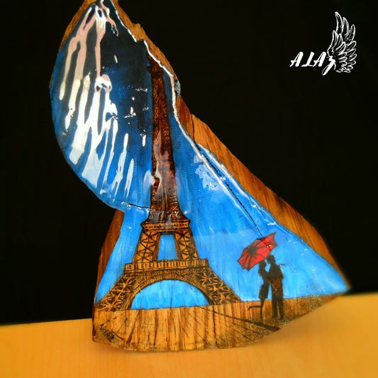 The Eiffel tower, You and Me Acrylic painting and Pyrography artwork