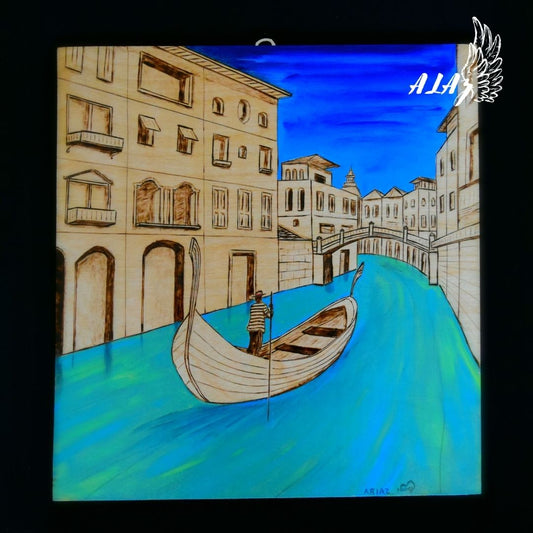 Venice Acrylic painting and Pyrography artwork by Nancy Alvarez and Mateo Ariaz