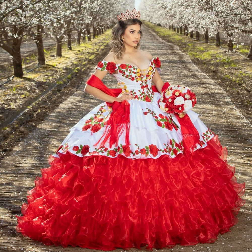 Quinceanera Dress Mexican Charro With Flower Embroidery Off The Shoulder Corset  Sweet 15 Years Dress Ball Gown Prom