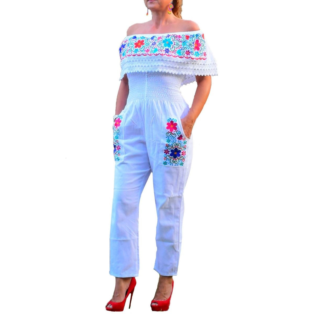 Palazzo Bordado Mexicano TM-79005-F White Mexican Embroidered Jumper