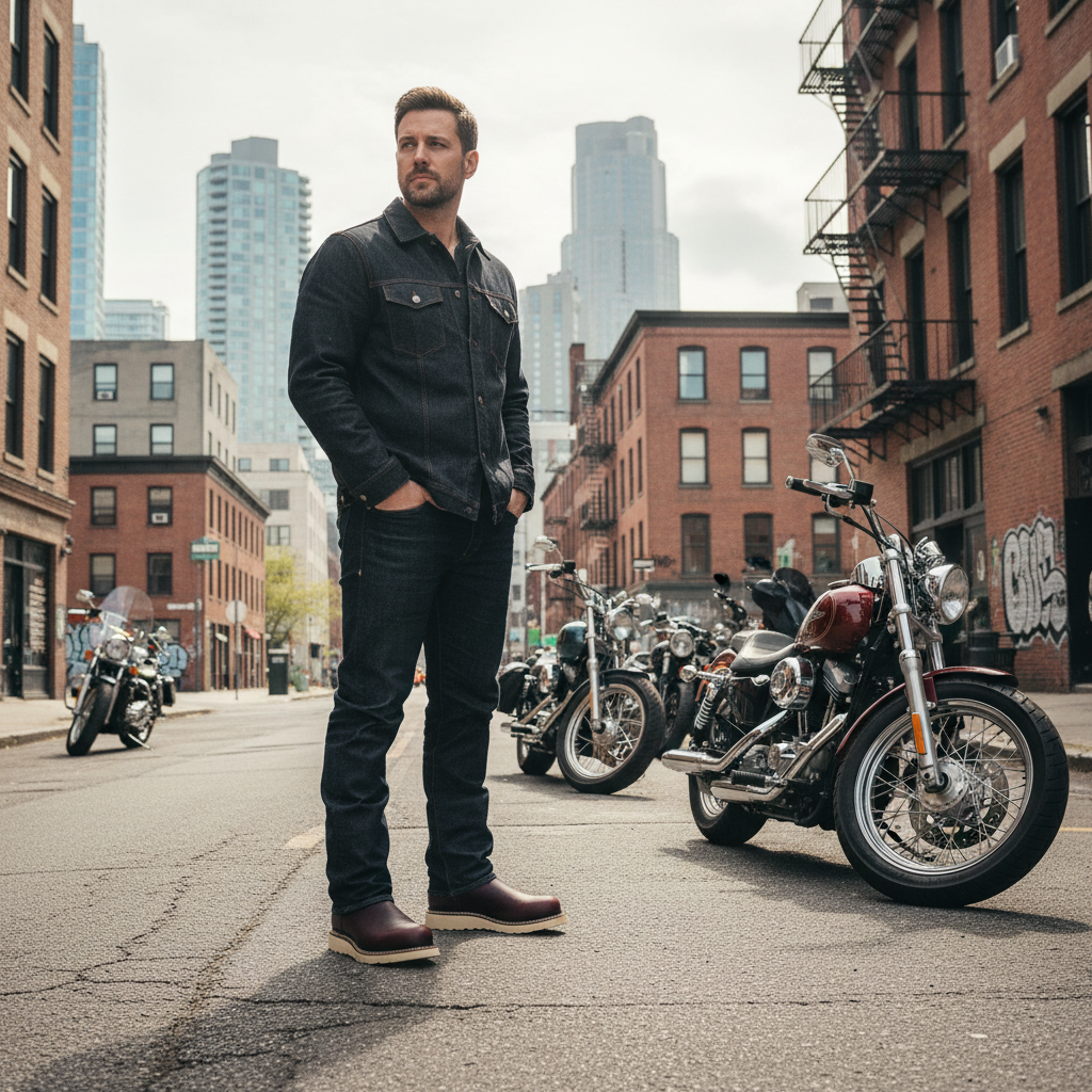 Man standing in a Nantlis Biker boots next to motorcycles on a city street with tall buildings in the background