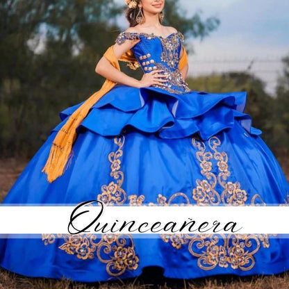 Mexican Quinceanera Dress Sweet 16 Royal Blue Off Shoulder Satin vestido de Quince Lace Beads Girls XV Prom Gowns