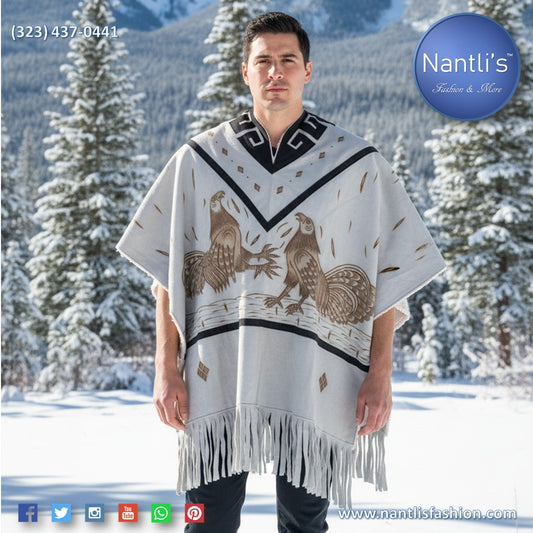 Man wearing a patterned poncho in a snowy landscape with Nantli's branding.