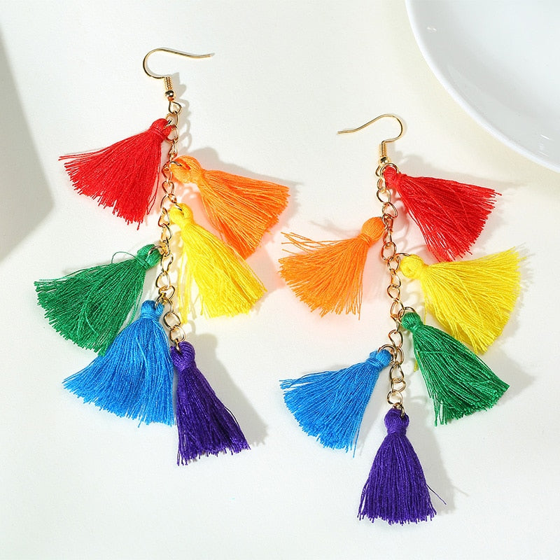 Rainbow Color Long Tassel Earrings for Women Aretes para mujeres theme