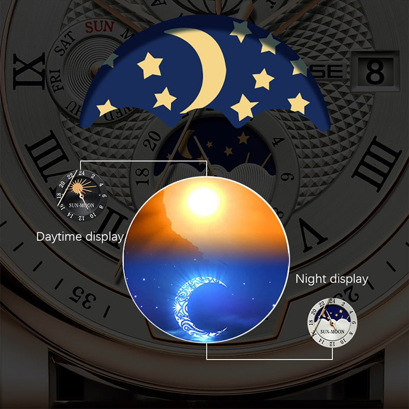 Reloj para Hombre Leather Watch For Men Business Waterproof Mens Mechanical Watches Moon Phase Automatic Wristwatch