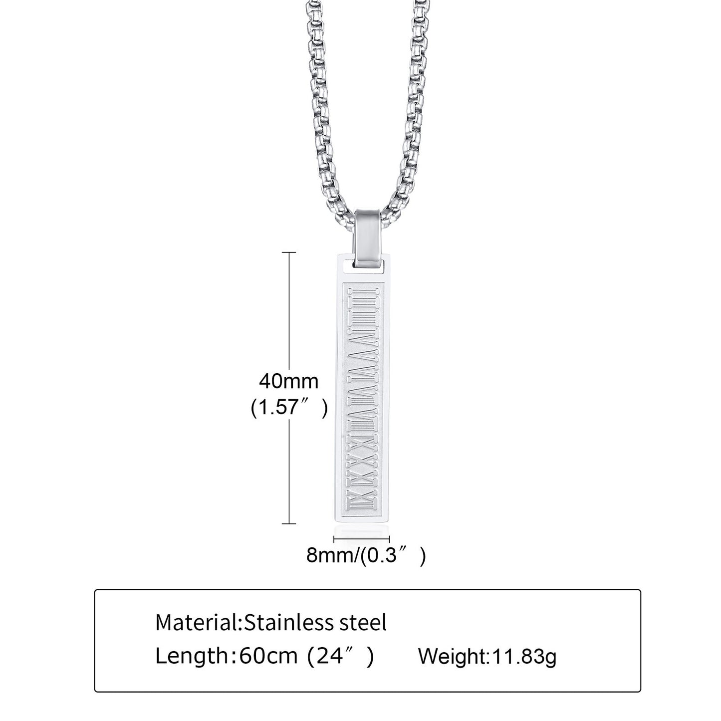 Pendiente y Collar para Hombre Stylish Roman Numerals Bar Necklaces for Men, Rock Punk Stainless Steel Vertical Tag Pendant Jewelry, Free Box Chain 24"