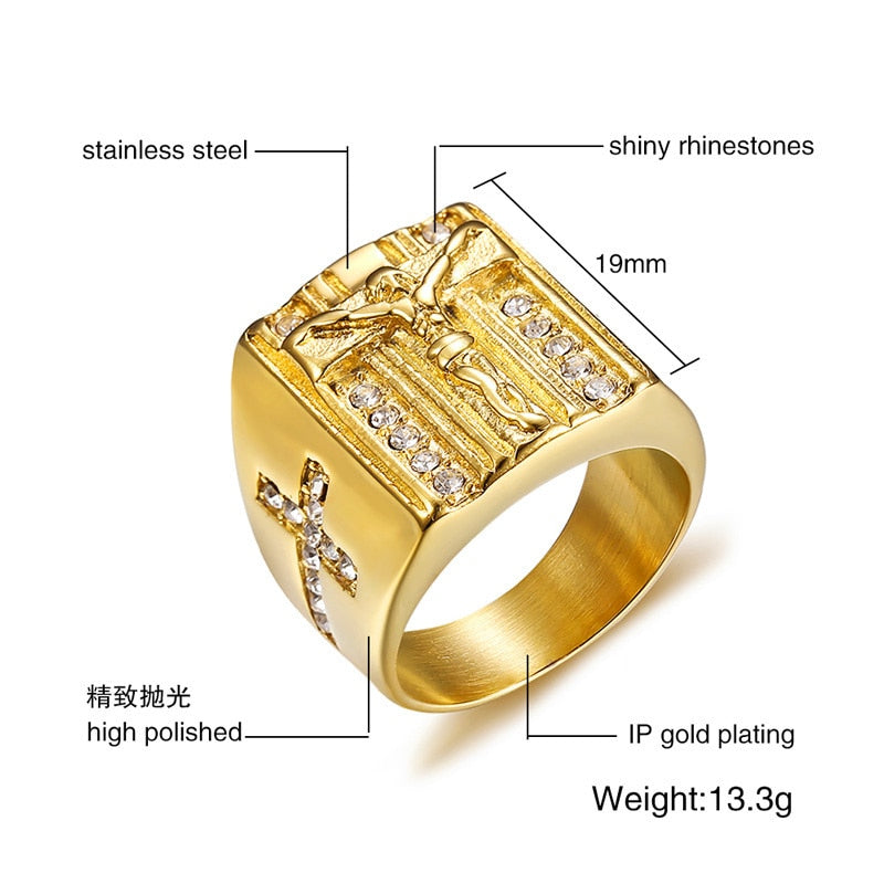 Anillo para Hombre o Mujer Punk Jesus Christ Cross Chunky Ring for Men Stainless Steel Crystals Religion Prayer Male Hip-hop Jewelry Gold Color