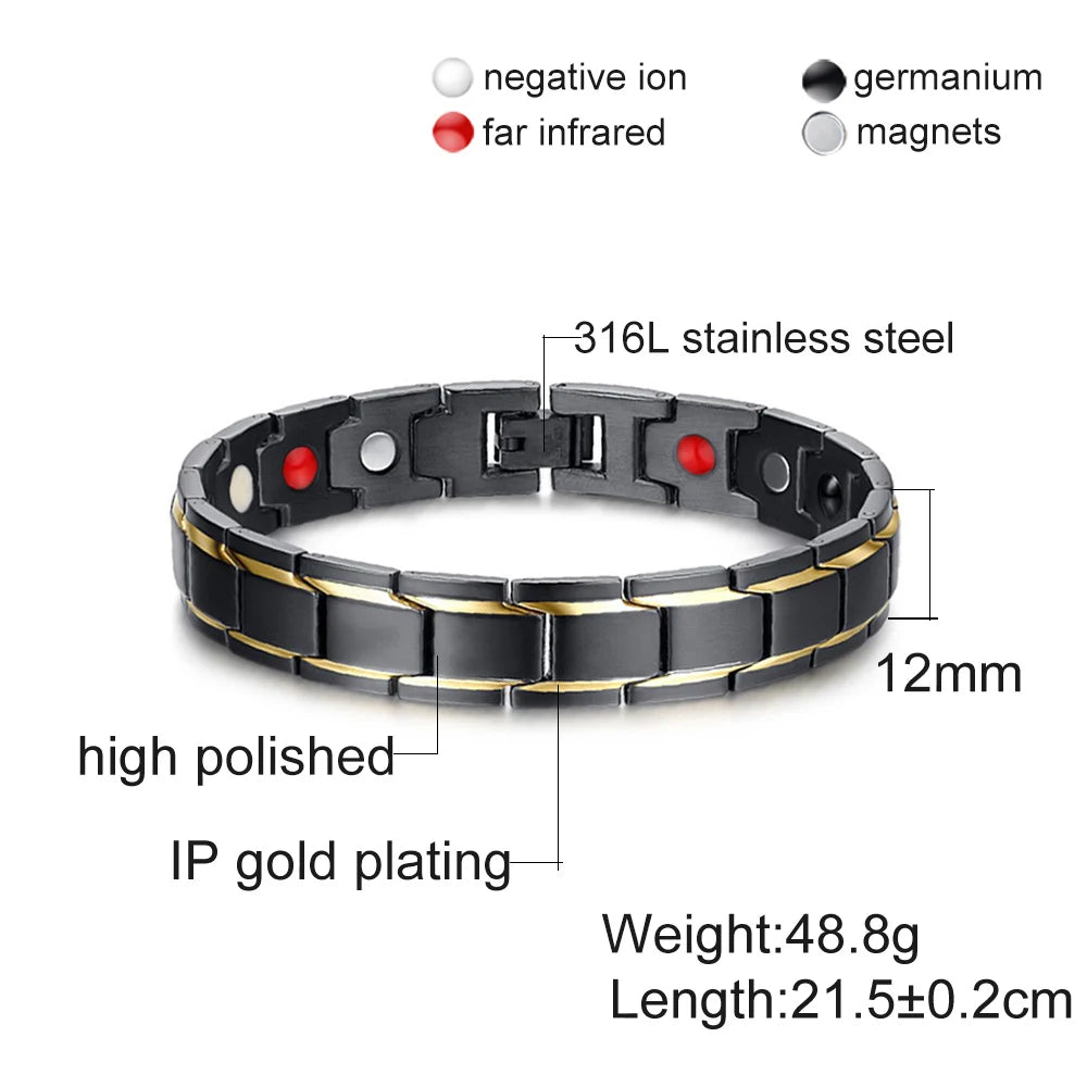 Men's Bracelet Pulsera para hombres Magnetic Bracelets Benefits Gold-color Chain Link Stainless Steel Couple Health Energy Magnetic Jewelry for Women Men
