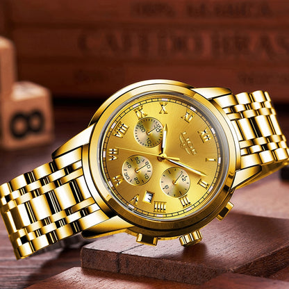Reloj para Hombre Mens Watches Fashion Quartz Gold Watch Men's Business Stainless Steel Waterproof Clock Relogio Masculino
