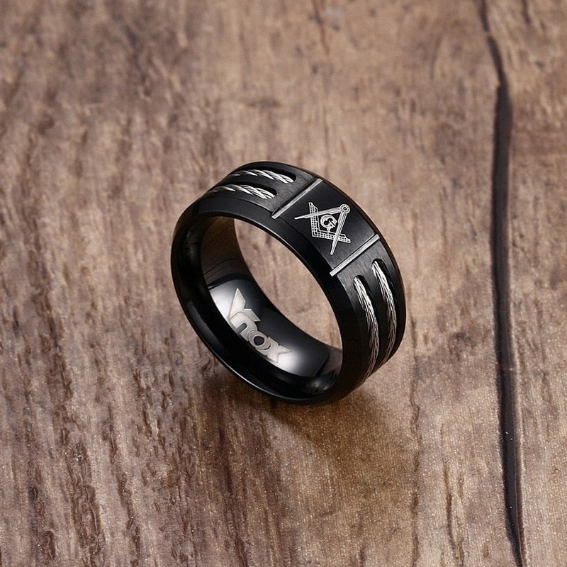Anillo para Hombre o Mujer Vintage 9mm Masonic Ring Men Jewelry Black Stainless Steel With Wire Brother Gift