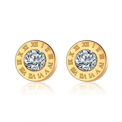 Aretes para mujeres y hombres Elegant Roman Numerals Earrings for Women Gold and Rose Gold Color Stainless Steel CZ Stone Stud Earrings