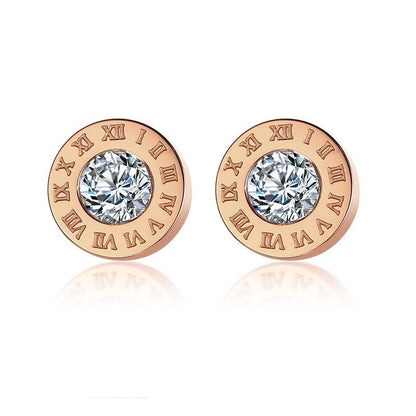 Aretes para mujeres y hombres Elegant Roman Numerals Earrings for Women Gold and Rose Gold Color Stainless Steel CZ Stone Stud Earrings