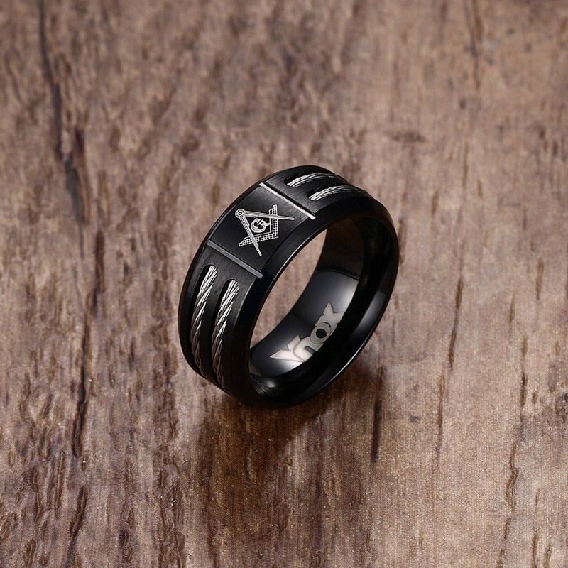 Anillo para Hombre o Mujer Vintage 9mm Masonic Ring Men Jewelry Black Stainless Steel With Wire Brother Gift