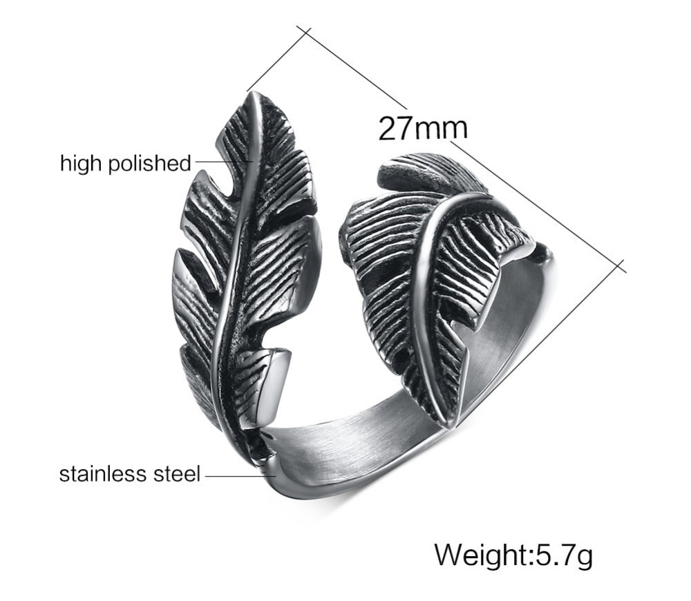 Anillo para Hombre o Mujer Vintage Feather Ring Men Jewelry Stainless Steel Biker Style Hand Polishing US Size 7 8 9 10 11 12