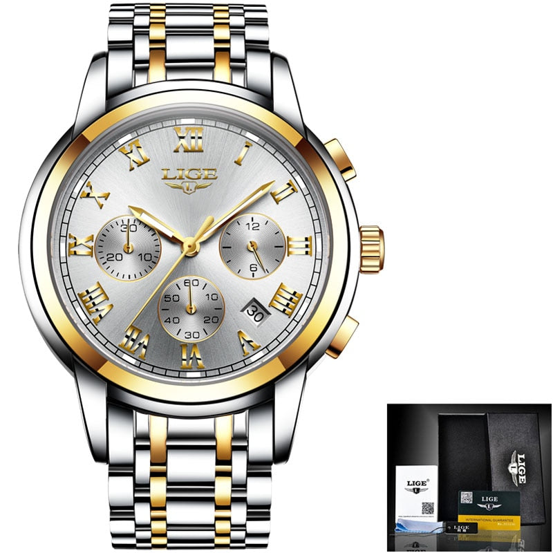 Reloj para Hombre Mens Watches Fashion Quartz Gold Watch Men's Business Stainless Steel Waterproof Clock Relogio Masculino