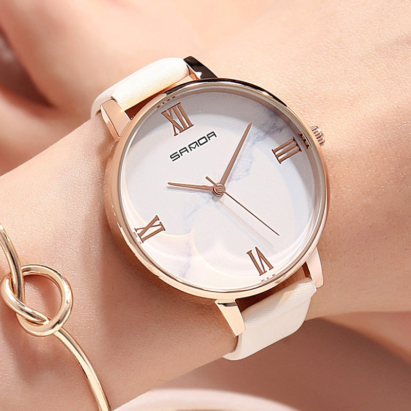 Reloj para Mujeres Women Watch White Leather Quartz Ladies Watch Simple Dial Girl Clock Casual Ladies
