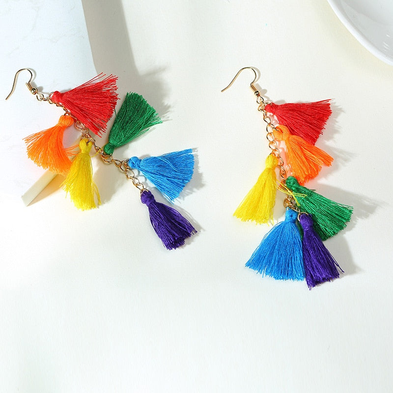 Rainbow Color Long Tassel Earrings for Women Aretes para mujeres 