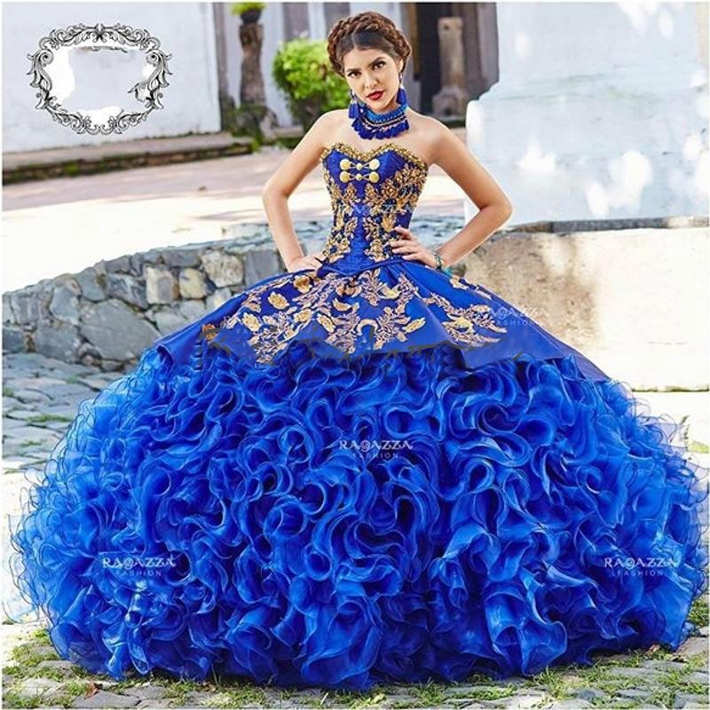 Quinceanera Dress Mexican Royal Blue Gold Appliques Prom Gowns Beads Organza Ruffles Skirt Corset
