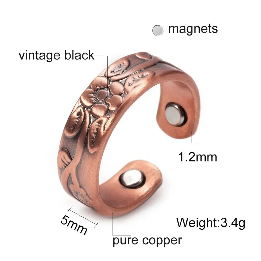 Anillo para Mujeres Ring for Women Flower Magnetic Rings Pure Copper 9mm Adjustable Open Cuff Minimalist ring