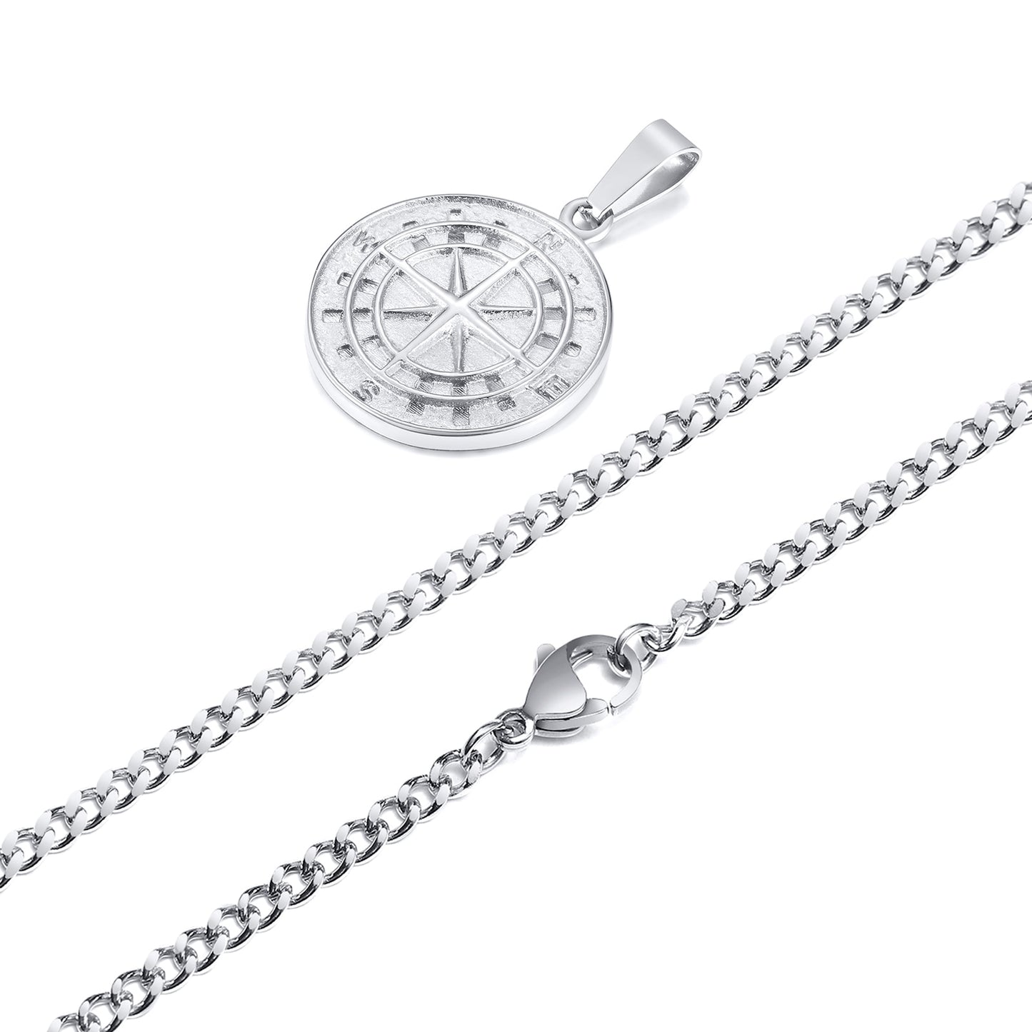 Pendiente y Collar para Hombre o Mujer Vintage Seeker Compass Necklaces for Men, Waterproof Stainless Steel Round Coin Pendant, Rock Punk Male Collar Gift