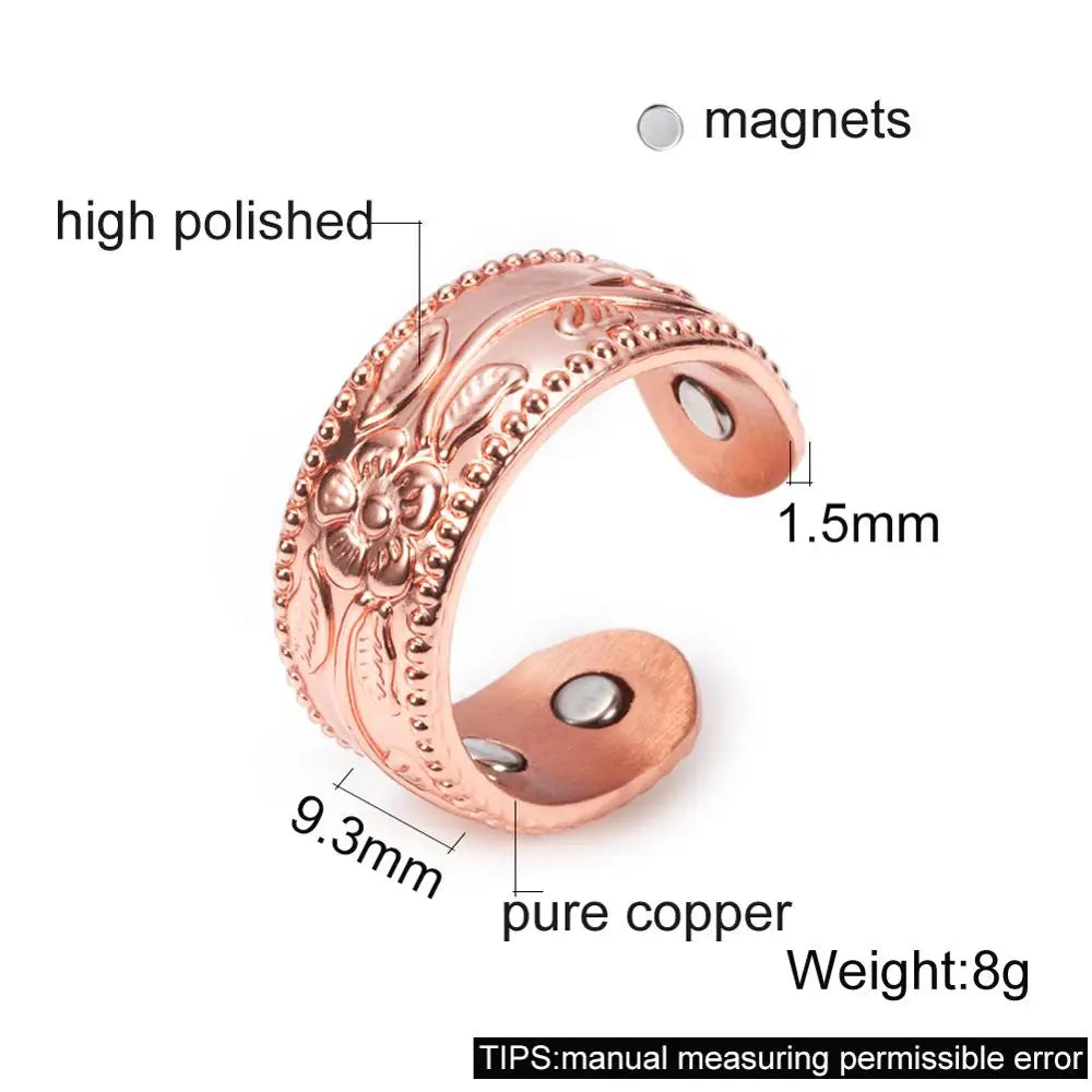 Anillo para Mujeres Ring for Women Flower Magnetic Rings Pure Copper 9mm Adjustable Open Cuff Minimalist ring