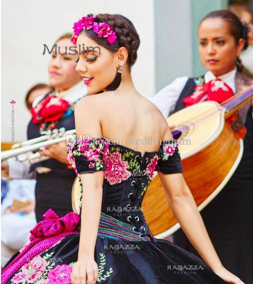 Quinceanera Dress Black Mexican Ball Gown Beaded Off The Shoulder Tiered Dress Corset Gothic Prom