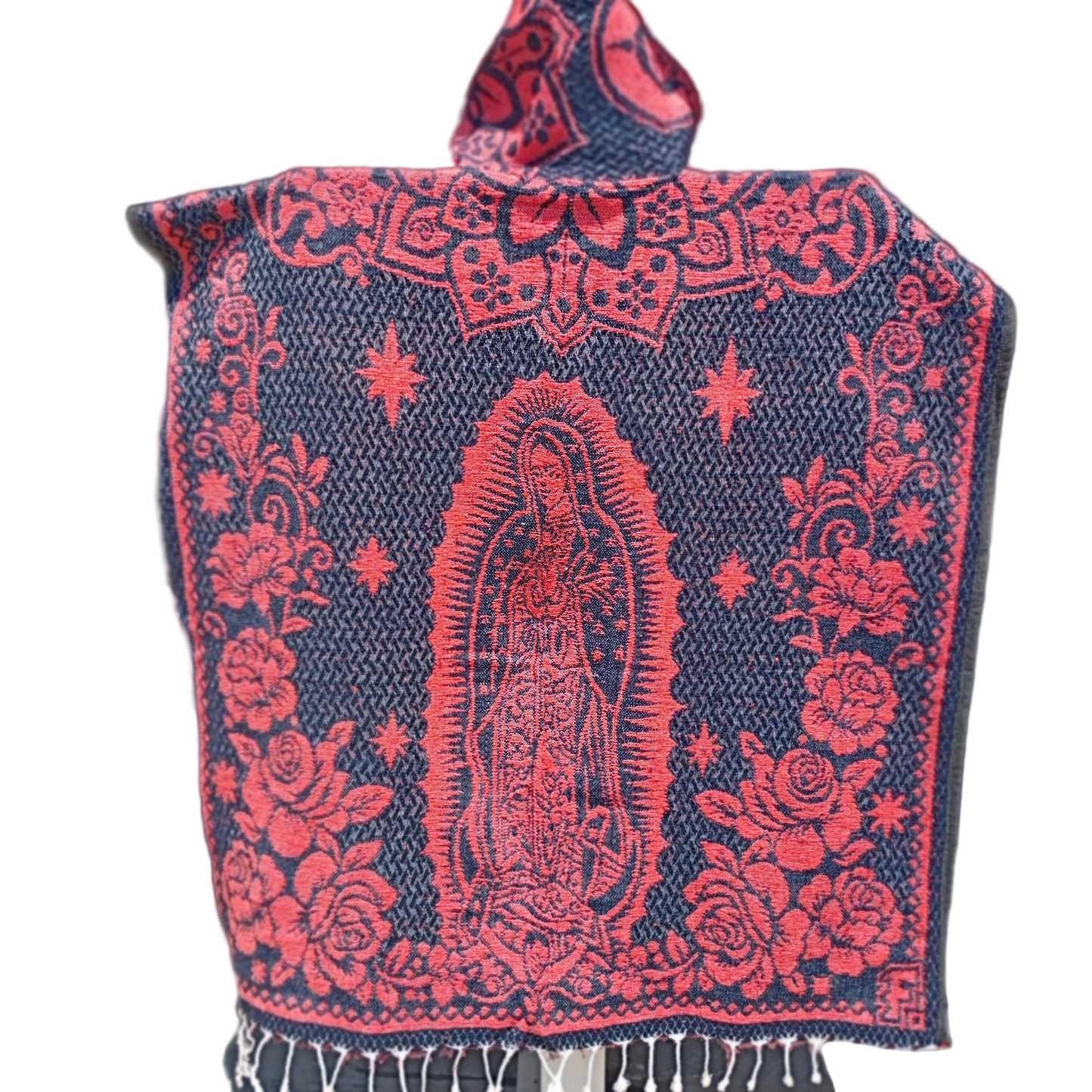 Jorongo Mexicano TM-LMGA004 Gaban con capucha San Judas y Virgen Hooded Mexican Poncho Back View
