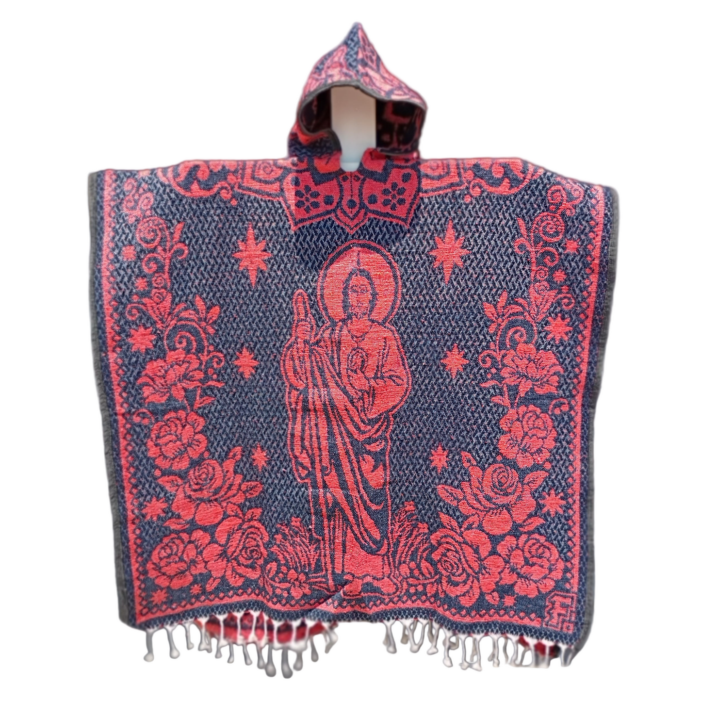 Jorongo Mexicano TM-LMGA004 Gaban con capucha San Judas y Virgen Hooded Mexican Poncho Frontal View