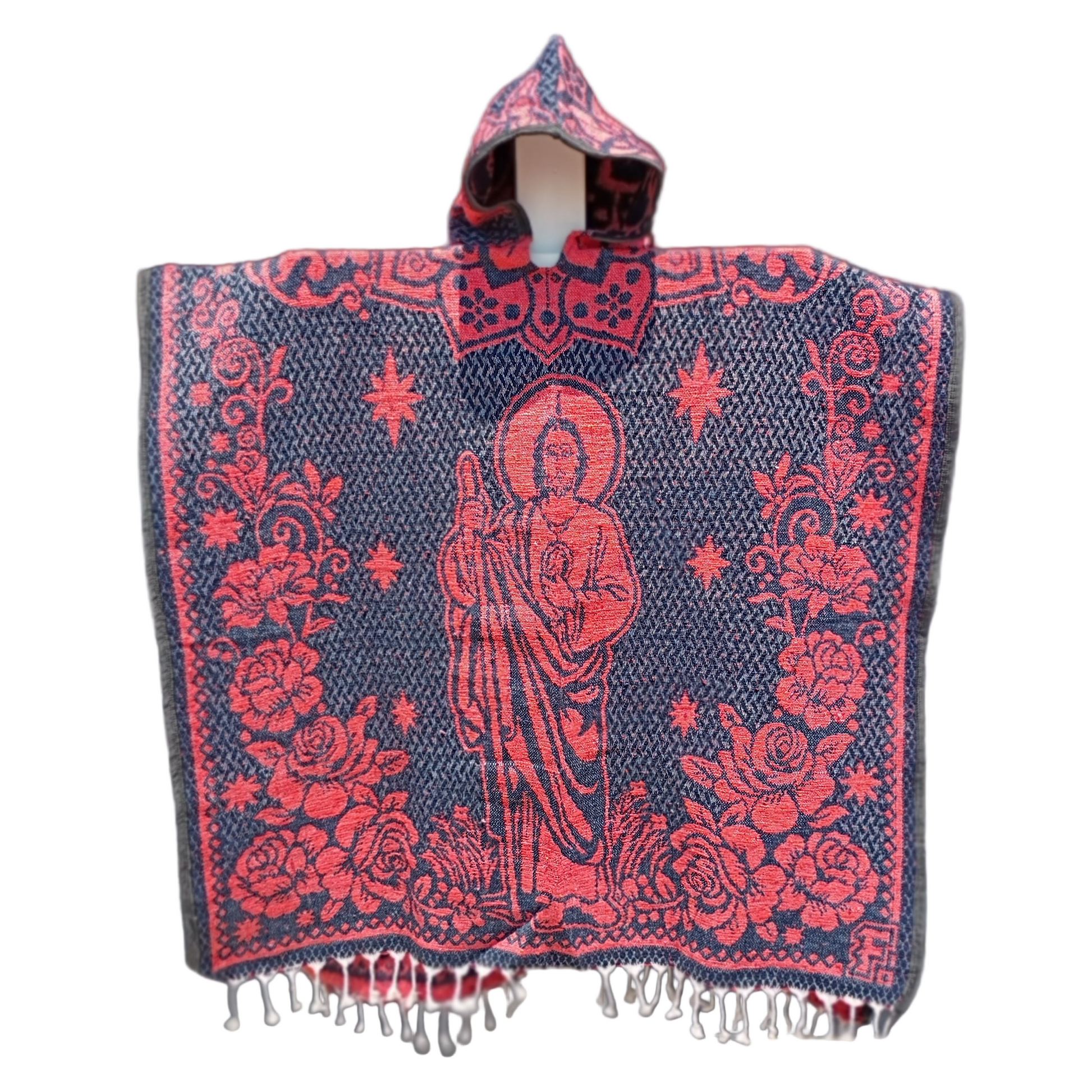 Jorongo Mexicano TM-LMGA004 Gaban con capucha San Judas y Virgen Hooded Mexican Poncho Frontal View